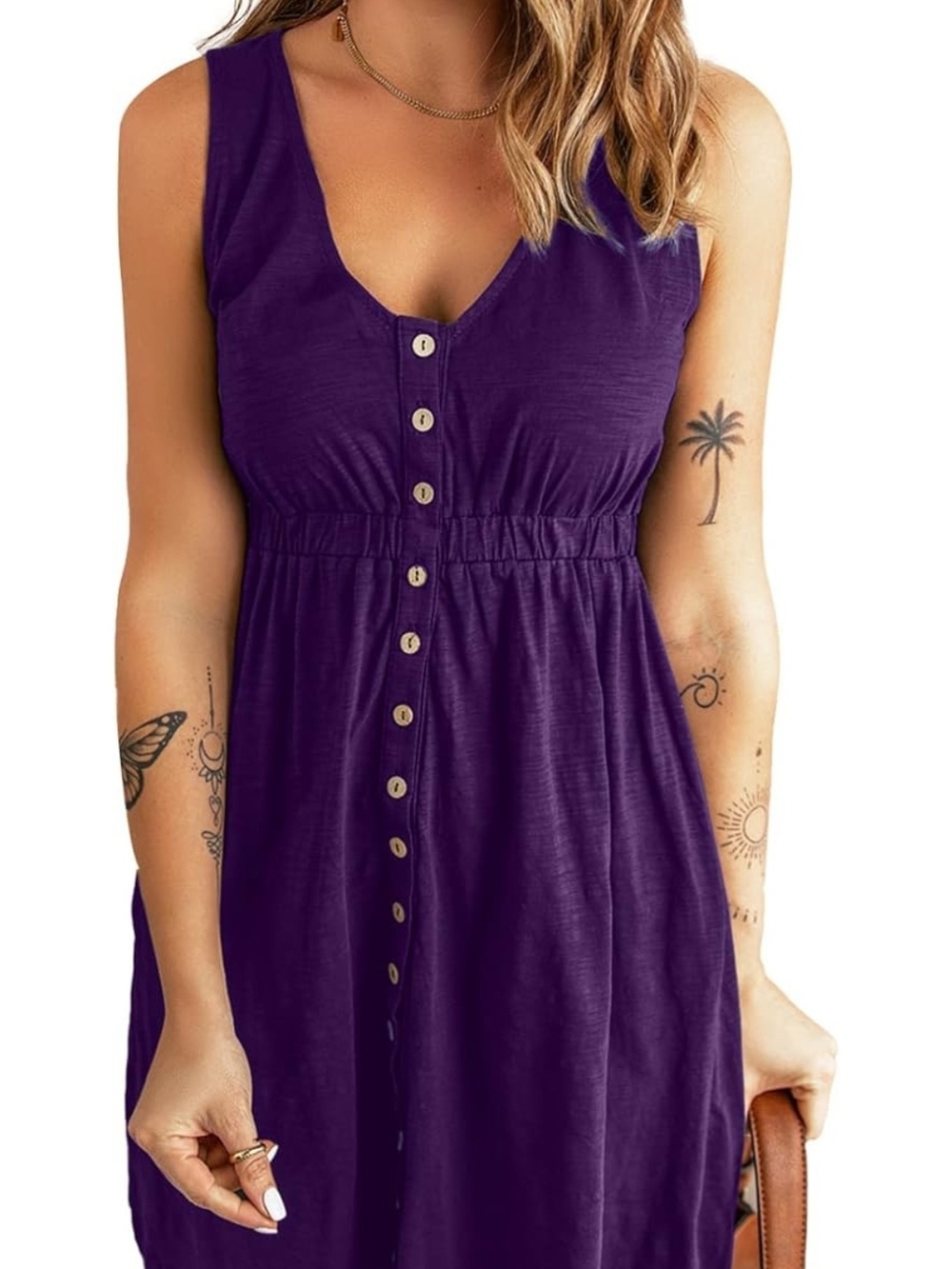 Button-Front V-Neck Midi Dress in Purple